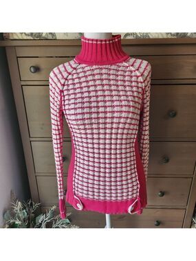 NILS Pink and White Ribbed Grid Turtleneck Sweater
